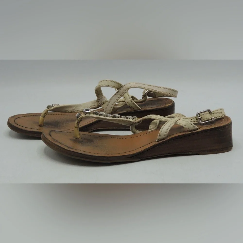 Prada, 37.5 EU (7 US), Tan Cream Sandals with Jewel 💎 Accents - Picture 5 of 12